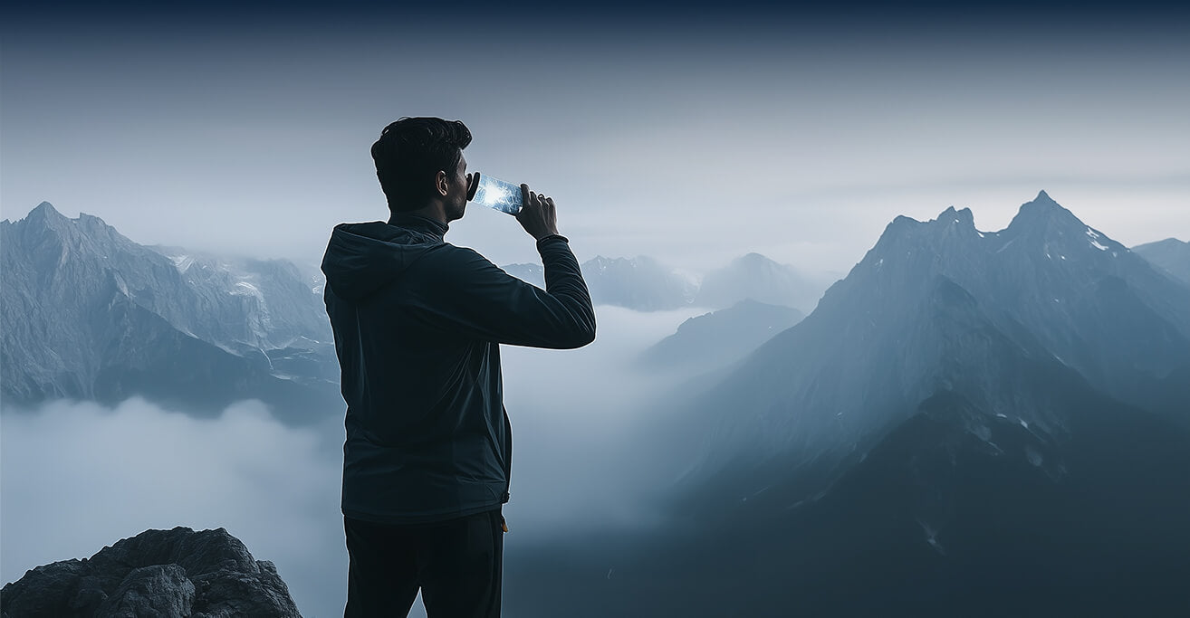 man drinking from hydrogen water bottle looking at the mountains