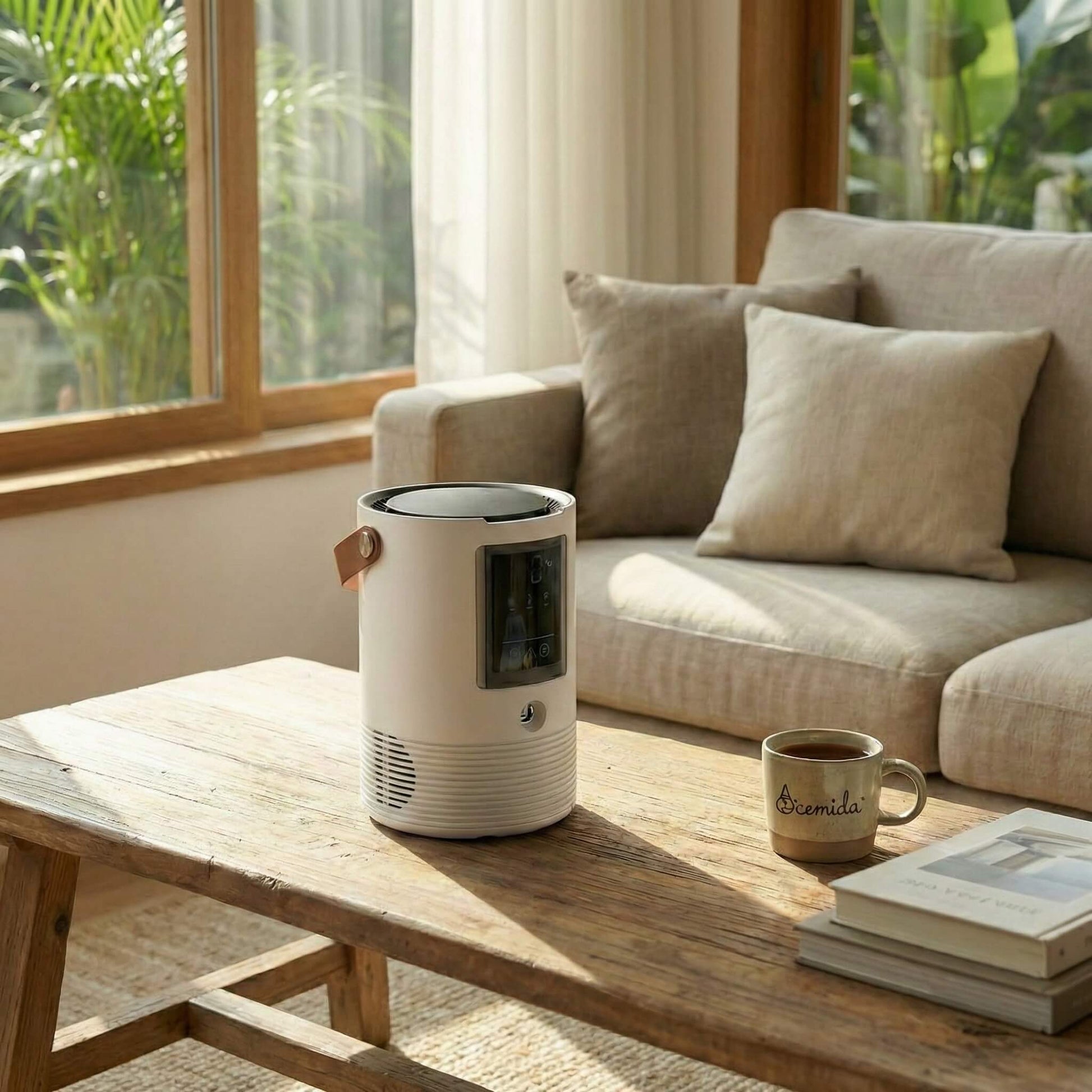 Air purifier on a wooden table in a living room with a couch and coffee cup.