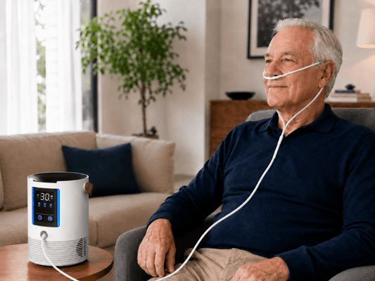 Man using a home hydrogen inhalation machine in a living room.