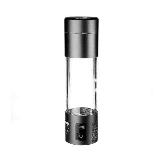 Clear hydrogen water bottle with black cap and base on a white background