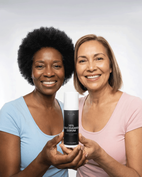 Skincare serum bottle labeled '10% Niacinamide Serum' on a white background