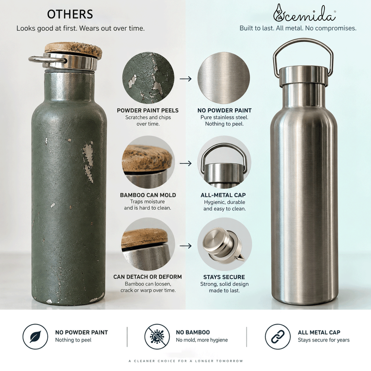 An infographic comparing a traditional powder-painted metal water bottle with a modern all-metal cap water bottle. The left bottle is labeled 'Others' and shows a weathered, peeling greenish-gray paint finish.