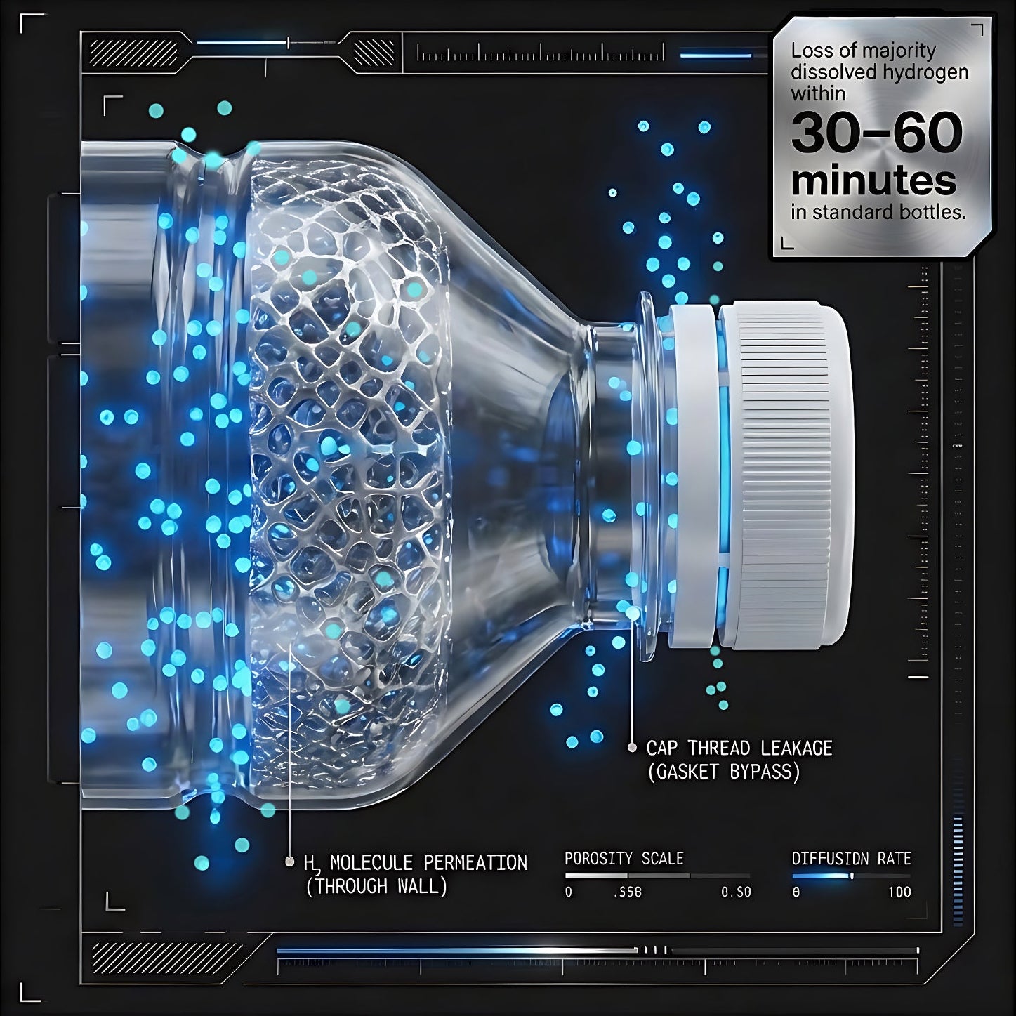 Bottle with a textured cap and blue glowing particles on a dark background