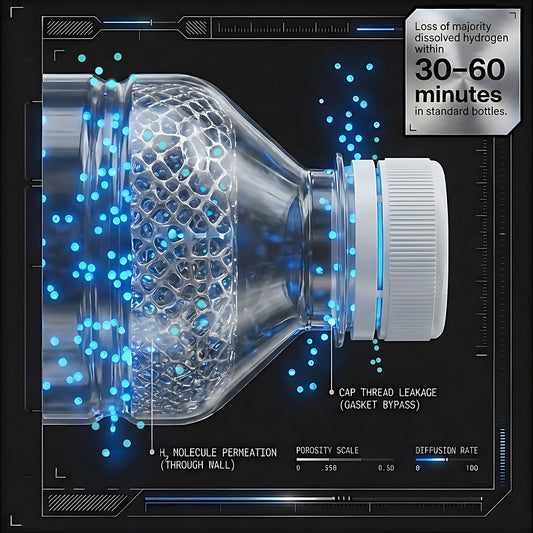 Bottle with a textured cap and blue glowing particles on a dark background