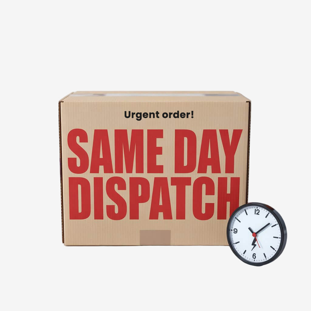 Cardboard box with 'Same Day Dispatch' text on a white surface with a clock.