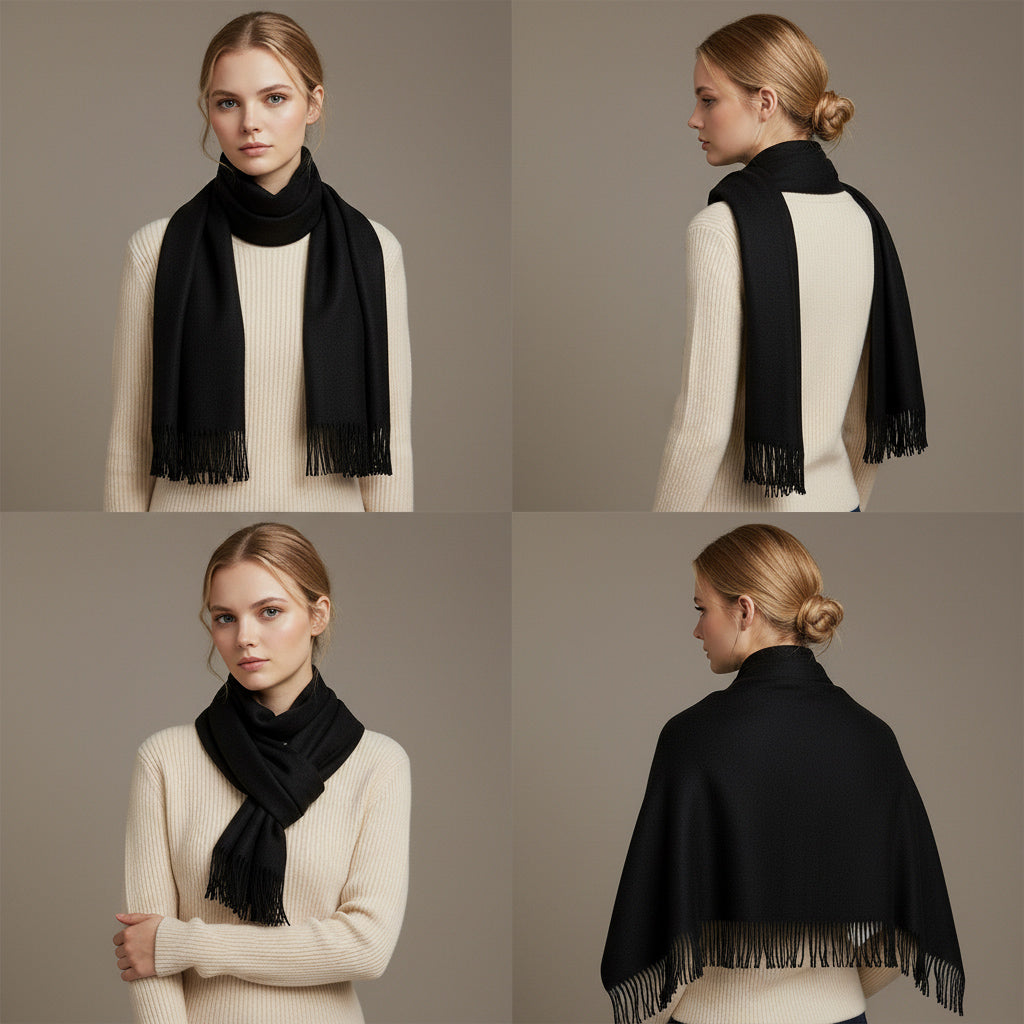 Black oversized pashmina shawl worn in four versatile styles, ideal for winter travel and evening wear.